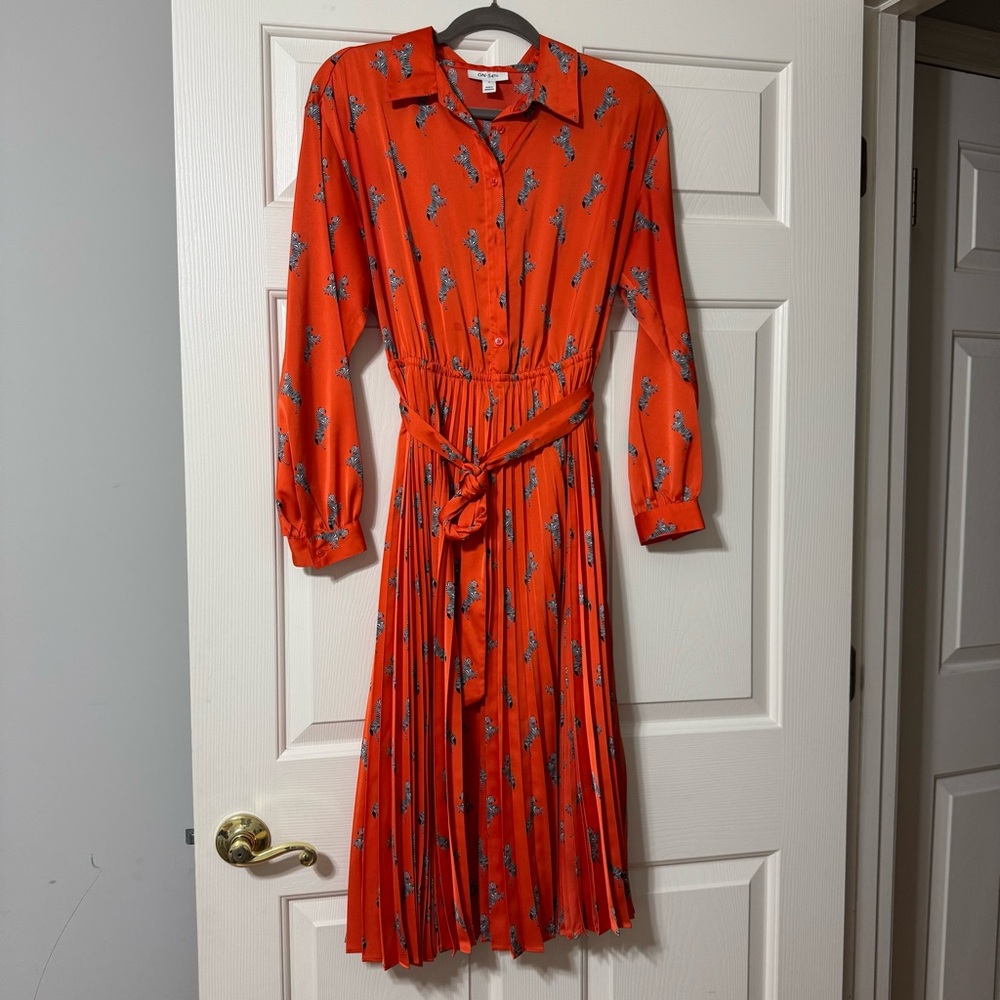 ON 34th Zebra Pleated Long Sleeve Satin Midi Dress